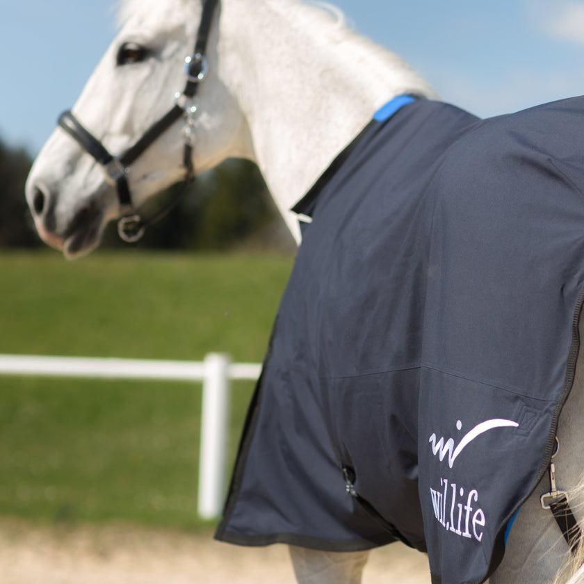 Couverture cheval impermeable hiver bleu cheval avec différentes tailles.  Textile médical avec un procédé minéral pour les chevaux.  la gestion des tensions et des douleurs diverses mais également une amélioration de la régénération cellulaire et une récupération active après le sport. La couverture leur apporte la détente optimale et relaxante nécessaire aux contractions fréquentes de ces athlètes. D’utilisation simple, il suffit d’habiller votre cheval.